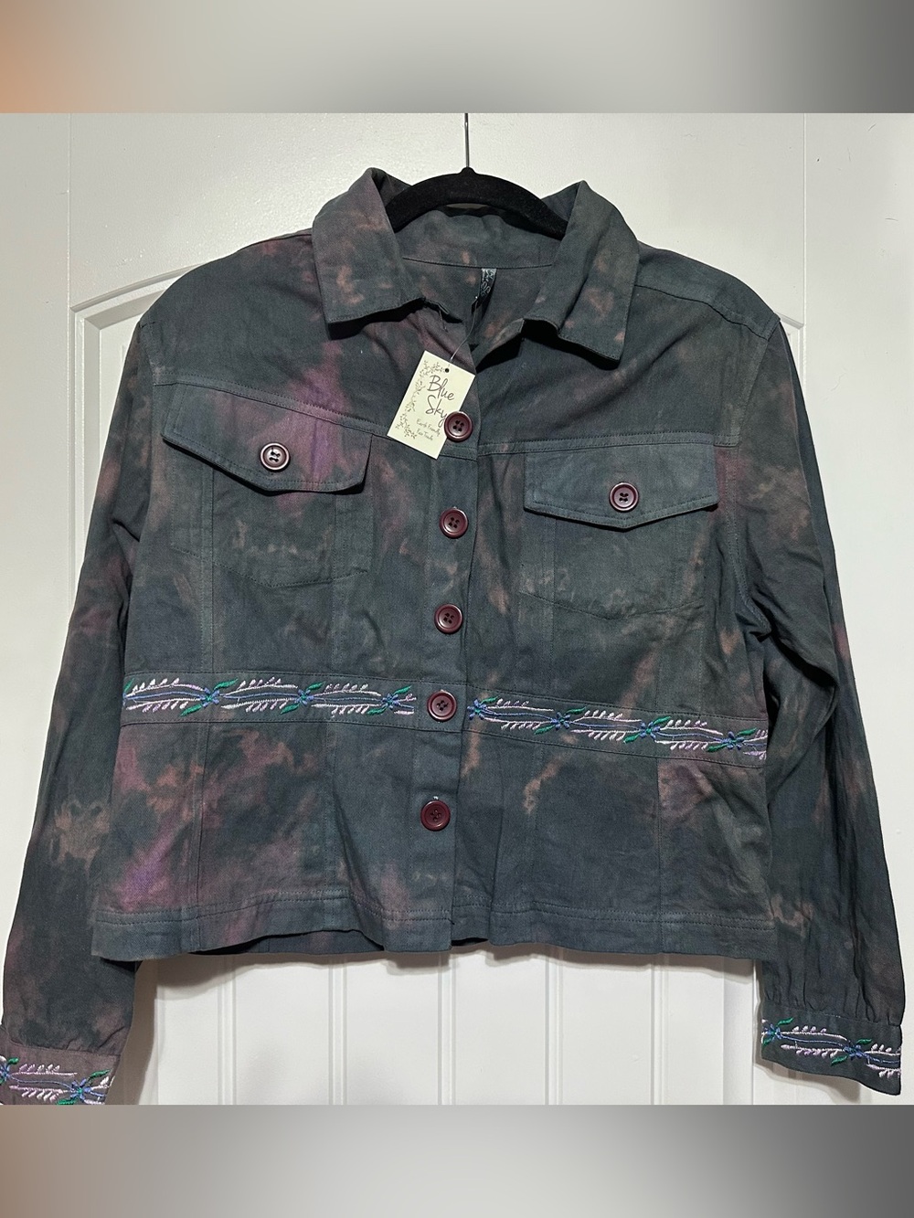 Blue Sky Purple Tie-Dye Embroidered Jean Jacket